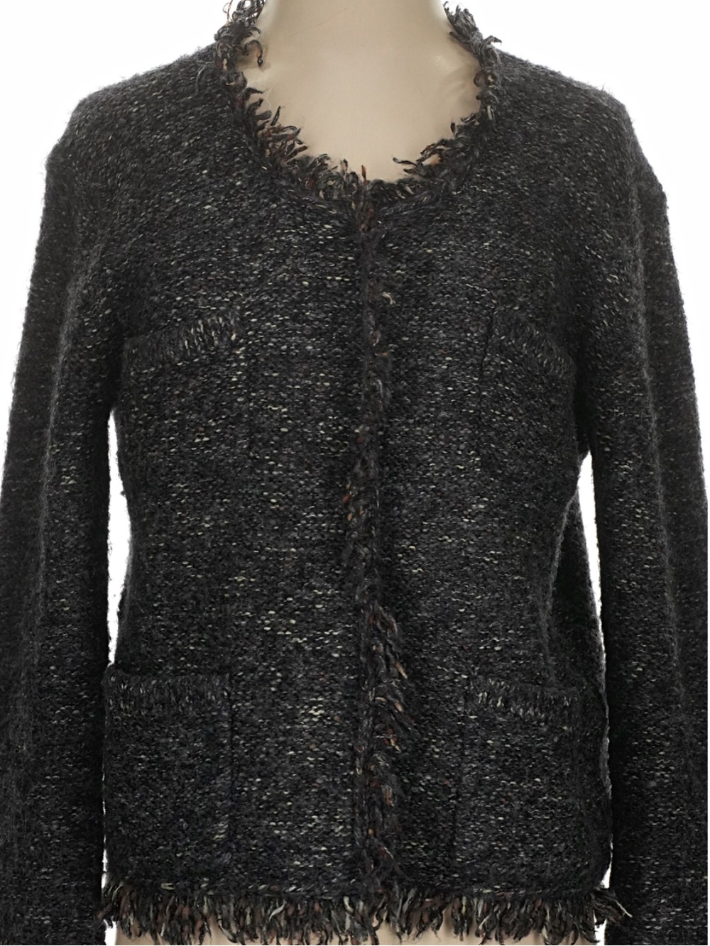 360 Sweater Women's Charcoal Black Fringed Tweed Cardigan